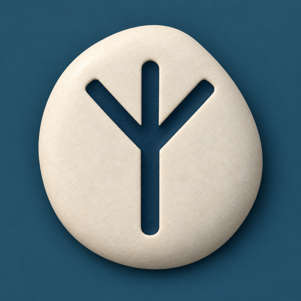A cream stone carved with the Algiz rune on a fjord-blue background